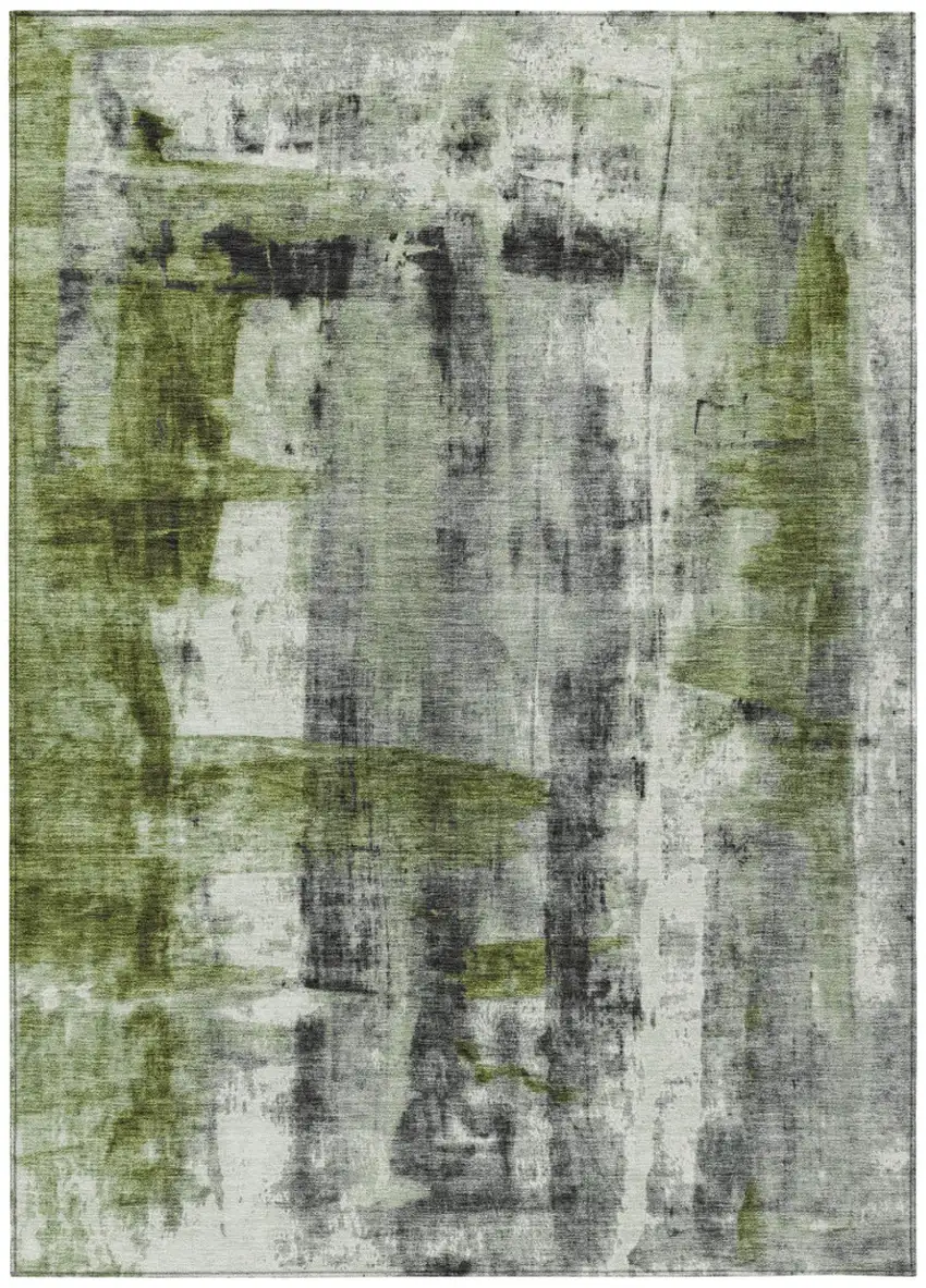 Olive Green And Ivory Abstract Washable Indoor Outdoor Area Rug Photo 1