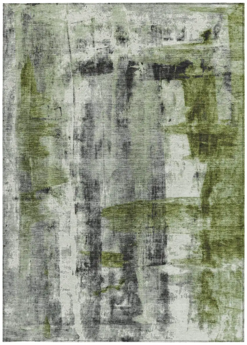 Olive Green And Ivory Abstract Washable Indoor Outdoor Area Rug Photo 3