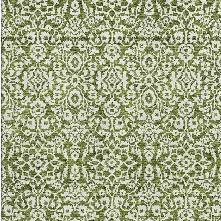 Olive Green And Ivory Damask Washable Area Rug With UV Protection Photo 3