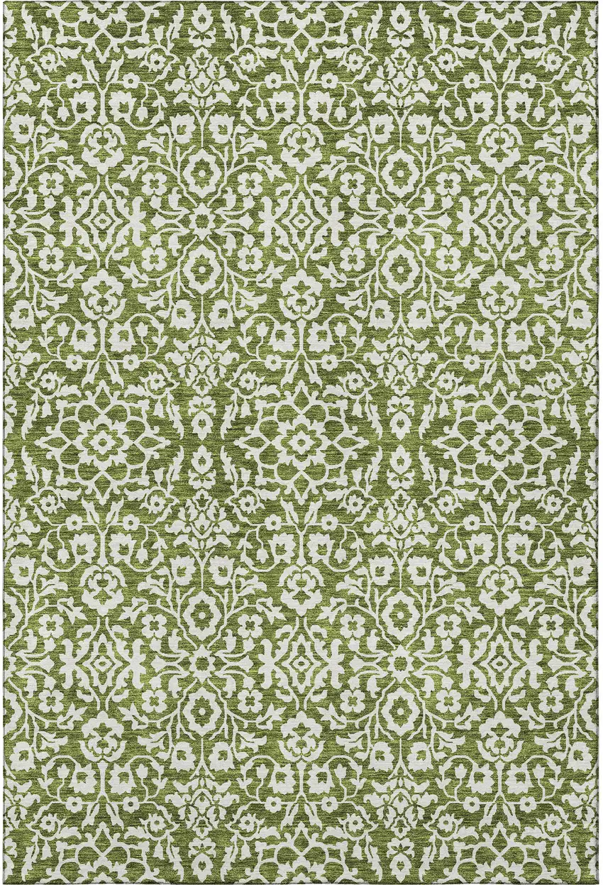 Olive Green And Ivory Damask Washable Area Rug With UV Protection Photo 4