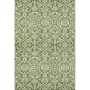 Photo of Olive Green And Ivory Damask Washable Area Rug With UV Protection