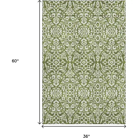 Olive Green And Ivory Damask Washable Area Rug With UV Protection Photo 3
