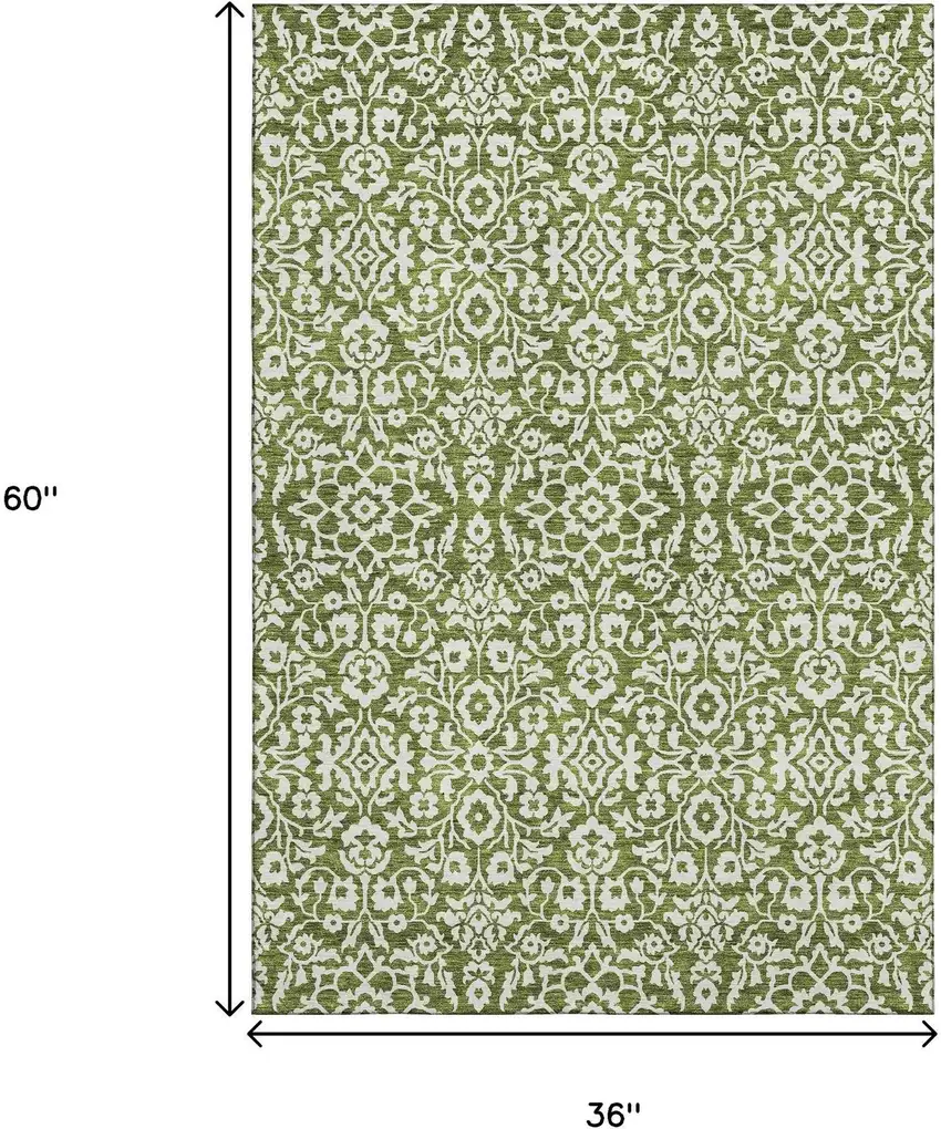 Olive Green And Ivory Damask Washable Area Rug With UV Protection Photo 3