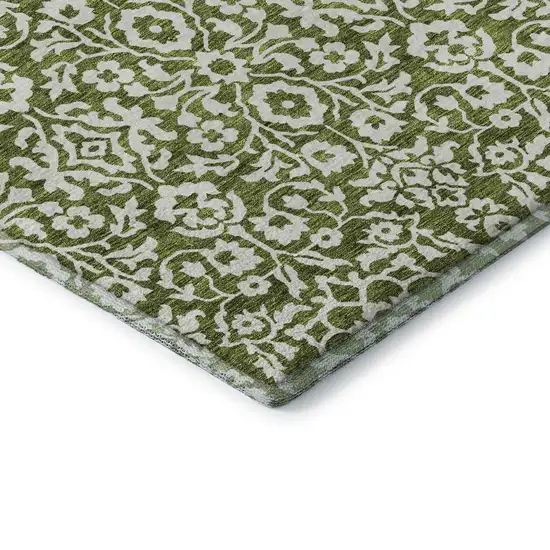 Olive Green And Ivory Damask Washable Area Rug With UV Protection Photo 8