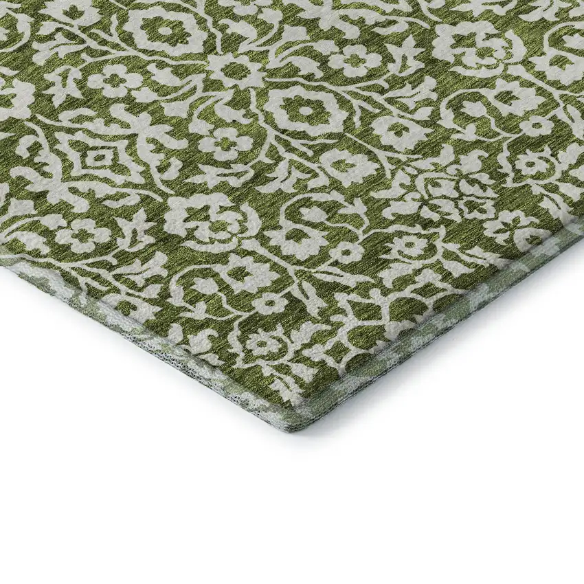 Olive Green And Ivory Damask Washable Area Rug With UV Protection Photo 8
