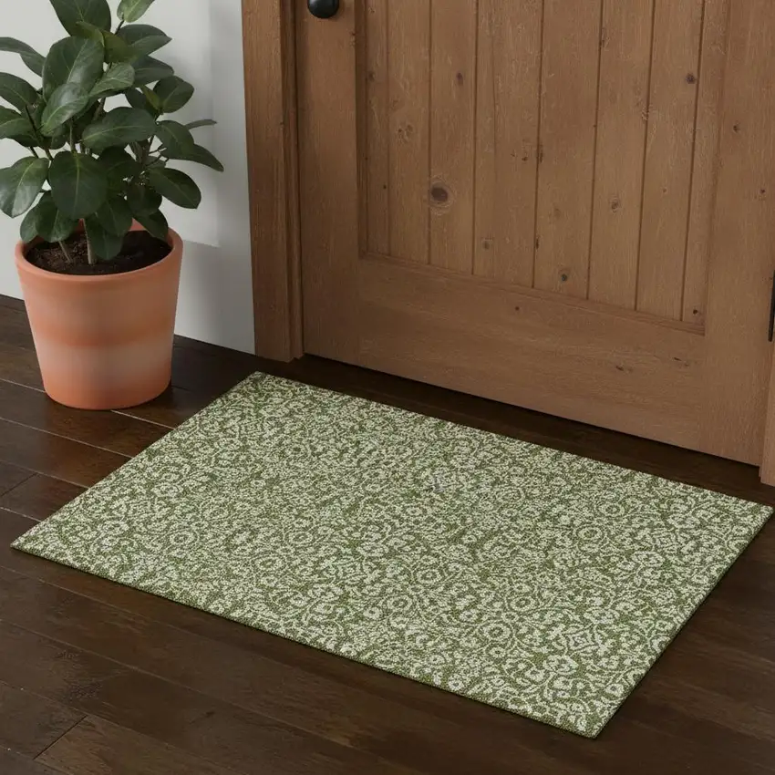Olive Green And Ivory Damask Washable Area Rug With UV Protection Photo 1