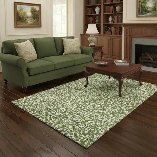 Olive Green And Ivory Damask Washable Area Rug With UV Protection Photo 2