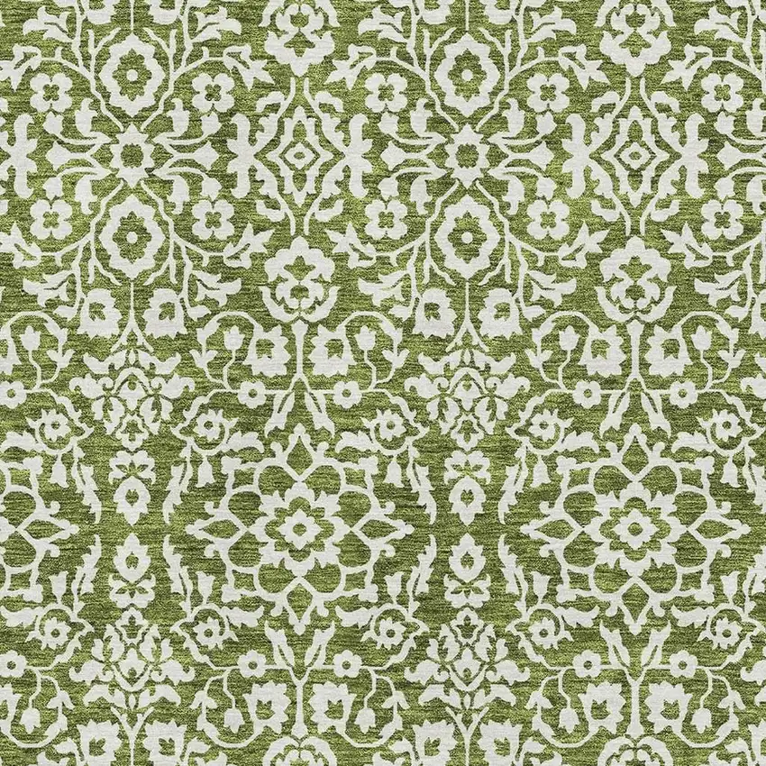Olive Green And Ivory Damask Washable Area Rug With UV Protection Photo 3