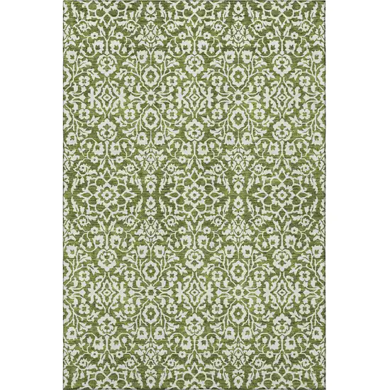 Olive Green And Ivory Damask Washable Area Rug With UV Protection Photo 4