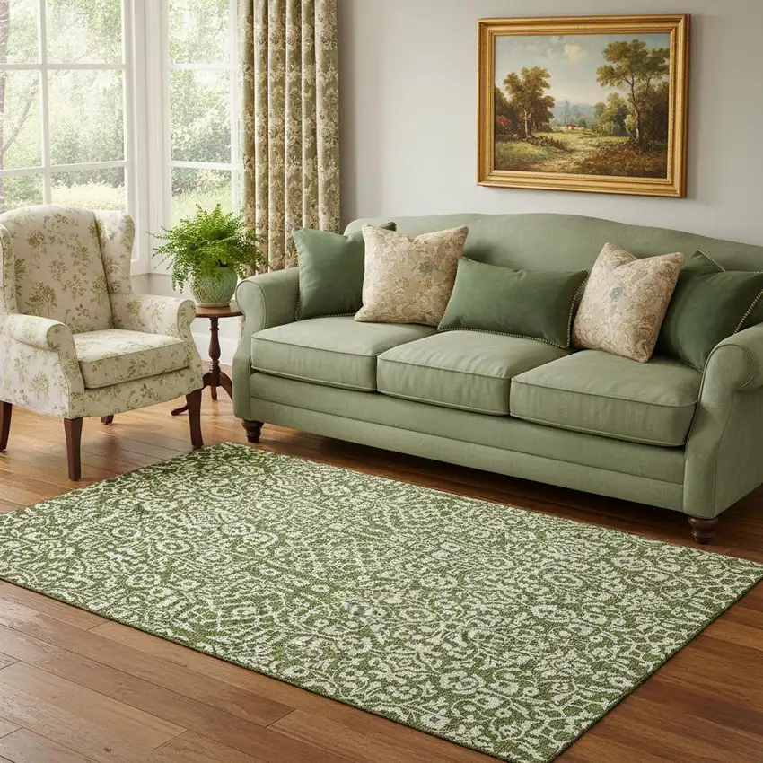 Olive Green And Ivory Damask Washable Area Rug With UV Protection Photo 1
