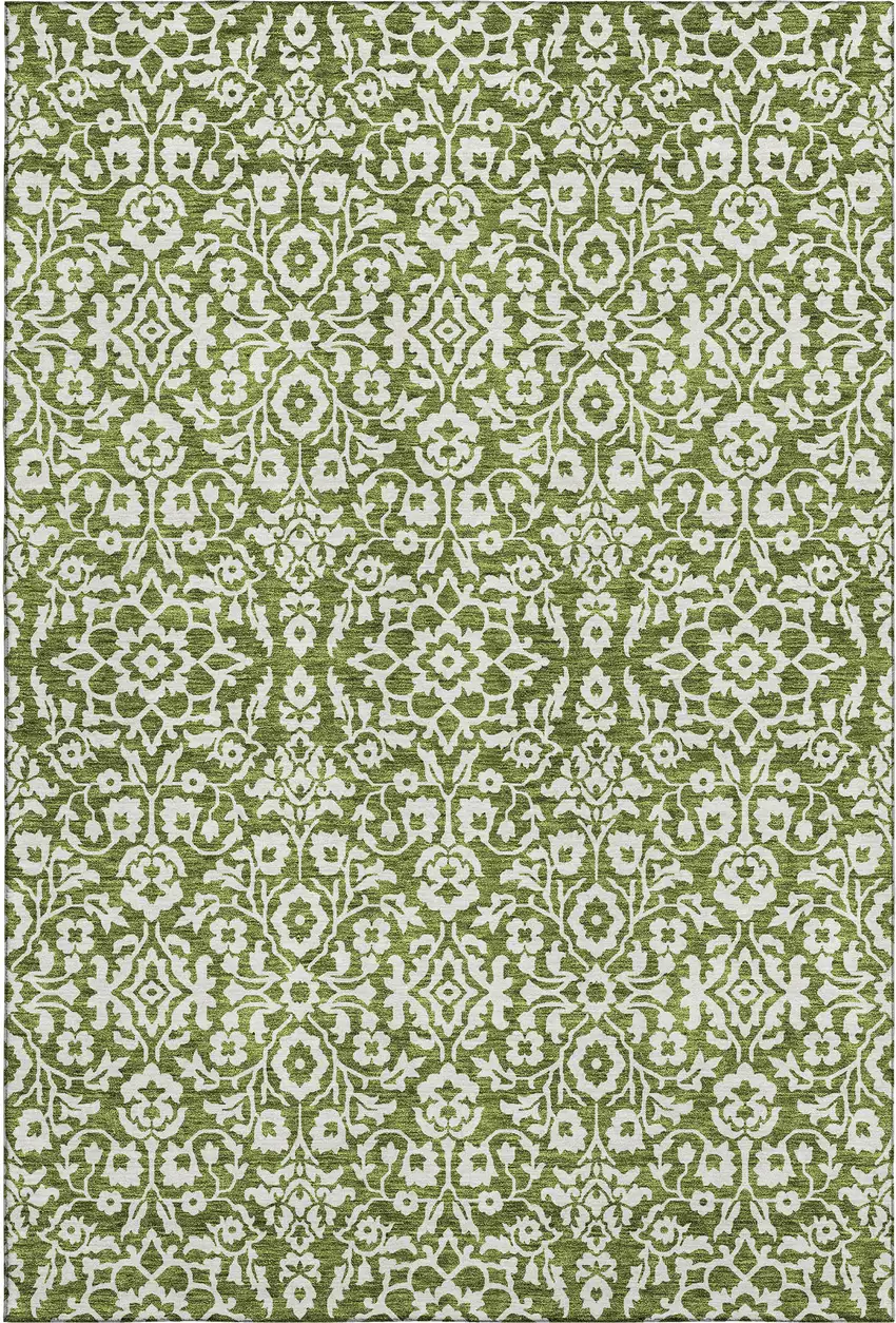 Olive Green And Ivory Damask Washable Area Rug With UV Protection Photo 1