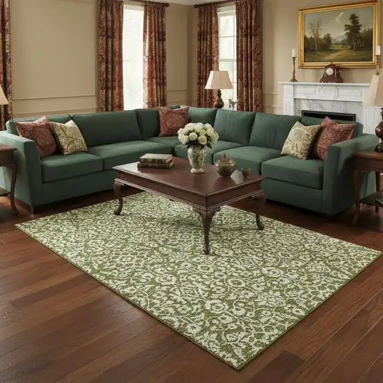 Olive Green And Ivory Damask Washable Area Rug With UV Protection Photo 2