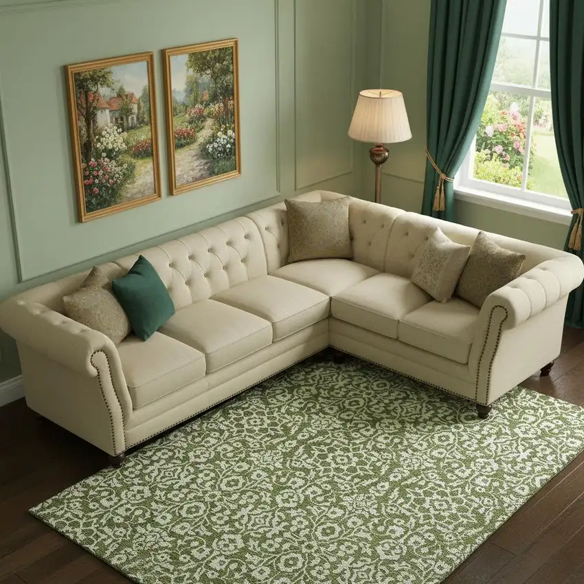 Olive Green And Ivory Damask Washable Area Rug With UV Protection Photo 1