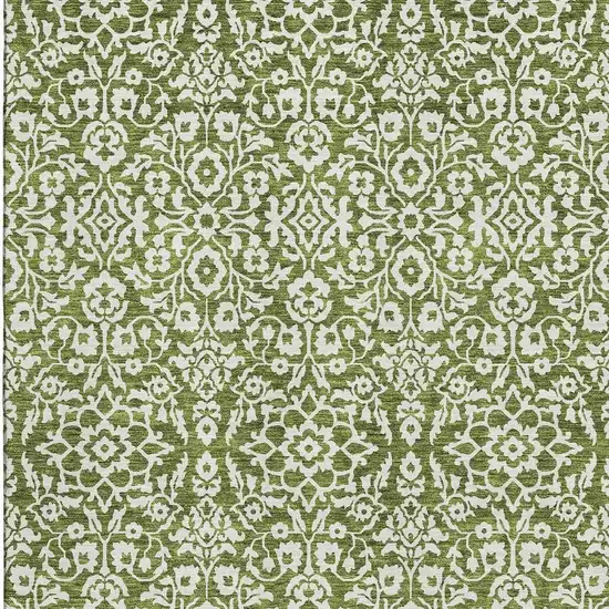 Olive Green And Ivory Damask Washable Area Rug With UV Protection Photo 4
