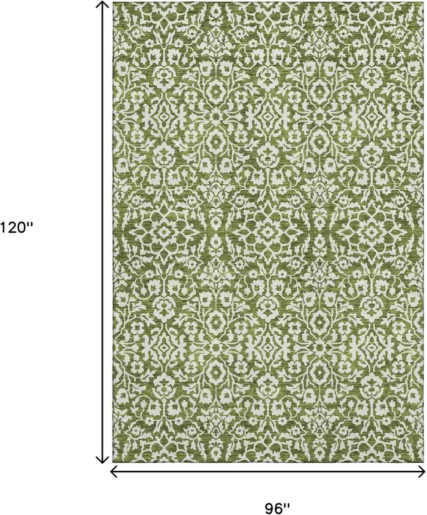 Olive Green And Ivory Damask Washable Area Rug With UV Protection Photo 3