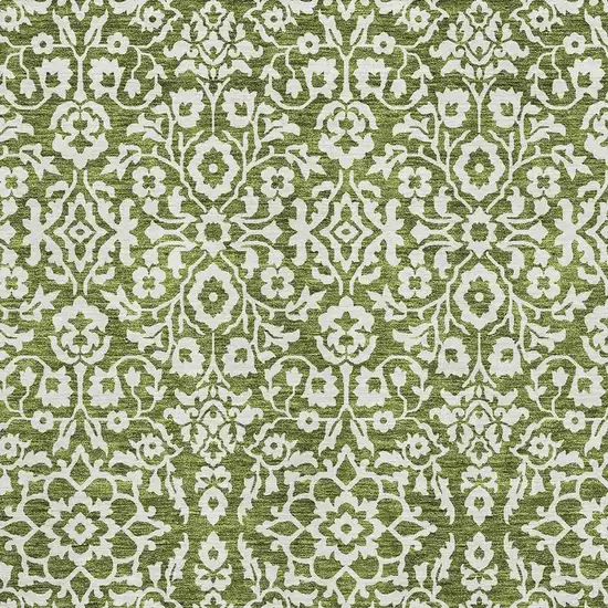 Olive Green And Ivory Damask Washable Area Rug With UV Protection Photo 3