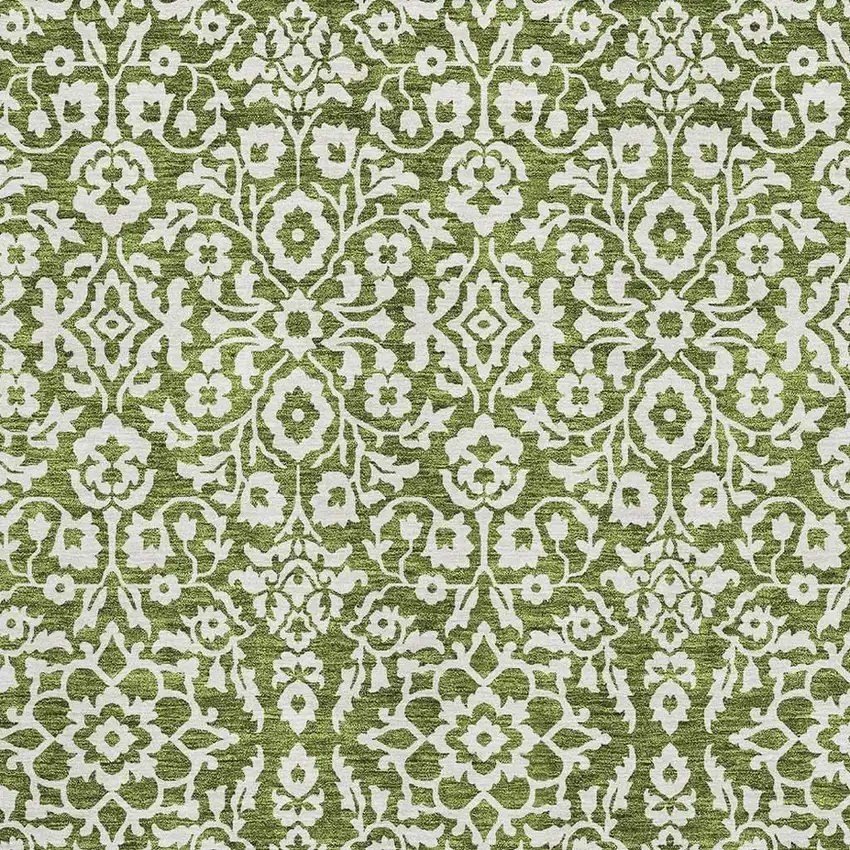 Olive Green And Ivory Damask Washable Area Rug With UV Protection Photo 3