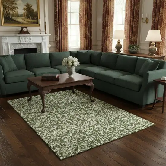 Olive Green And Ivory Damask Washable Area Rug With UV Protection Photo 2