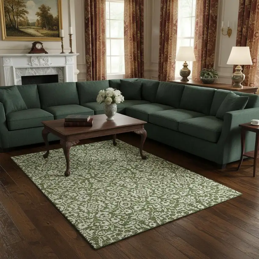 Olive Green And Ivory Damask Washable Area Rug With UV Protection Photo 2