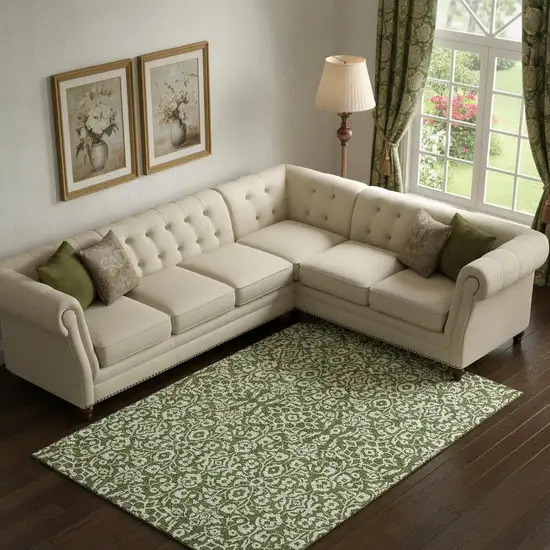 Olive Green And Ivory Damask Washable Area Rug With UV Protection Photo 1