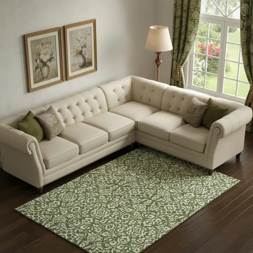 Olive Green And Ivory Damask Washable Area Rug With UV Protection Photo 1