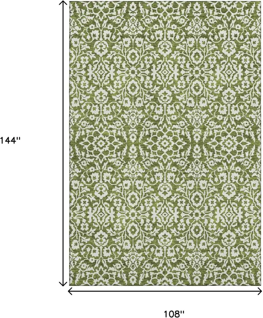 Olive Green And Ivory Damask Washable Area Rug With UV Protection Photo 3