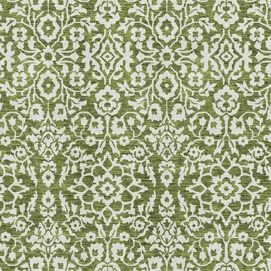 Olive Green And Ivory Damask Washable Area Rug With UV Protection Photo 3