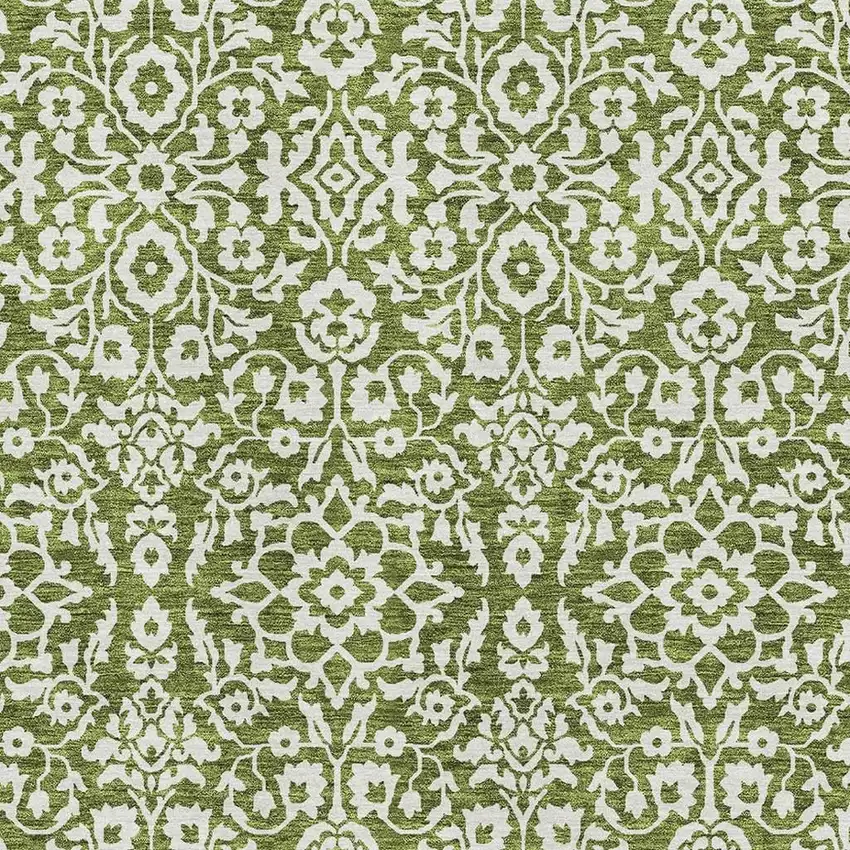 Olive Green And Ivory Damask Washable Area Rug With UV Protection Photo 3