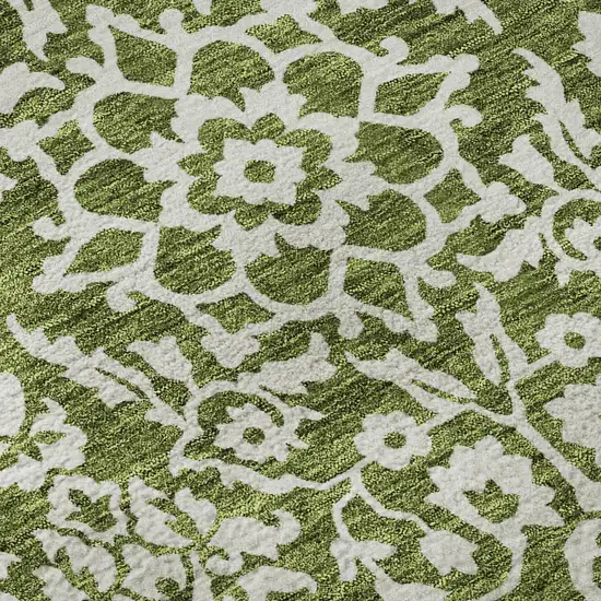 Olive Green And Ivory Damask Washable Area Rug With UV Protection Photo 9