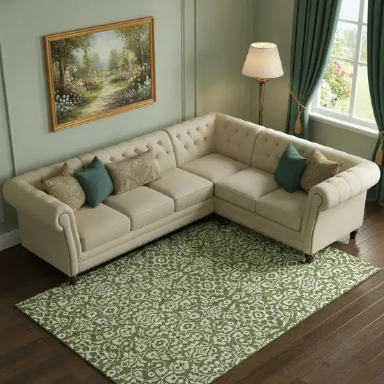 Olive Green And Ivory Damask Washable Area Rug With UV Protection Photo 1