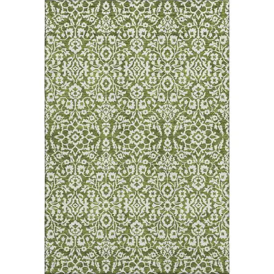 Olive Green And Ivory Damask Washable Area Rug With UV Protection Photo 1
