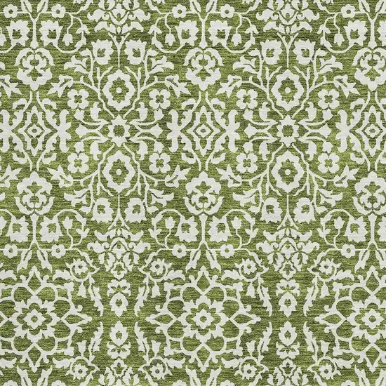 Olive Green And Ivory Damask Washable Area Rug With UV Protection Photo 3