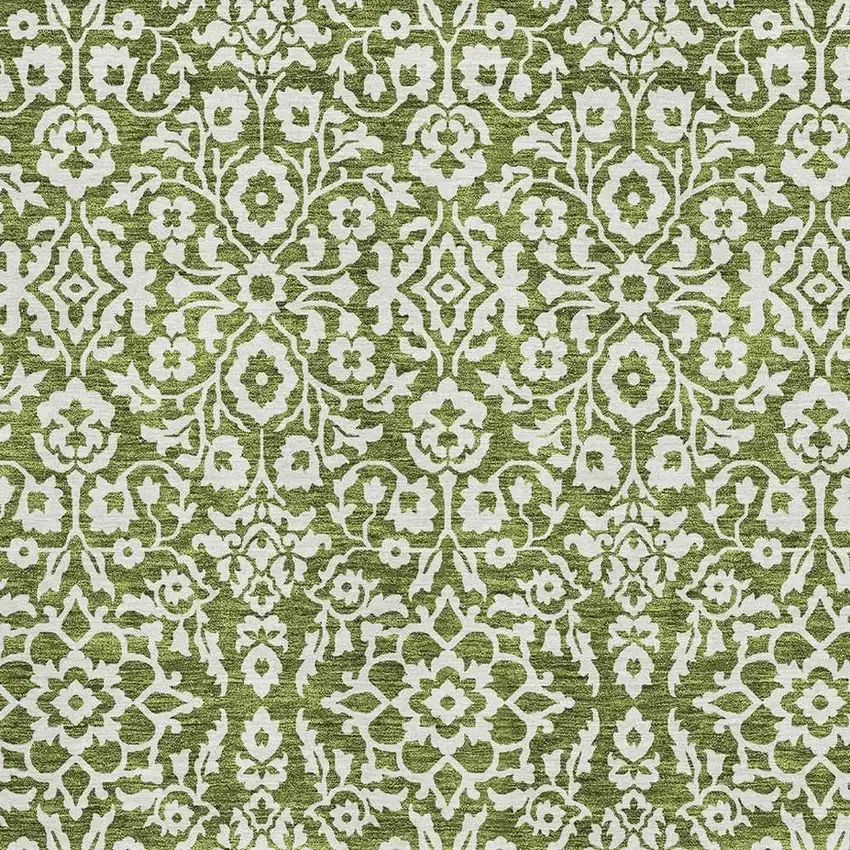 Olive Green And Ivory Damask Washable Area Rug With UV Protection Photo 3