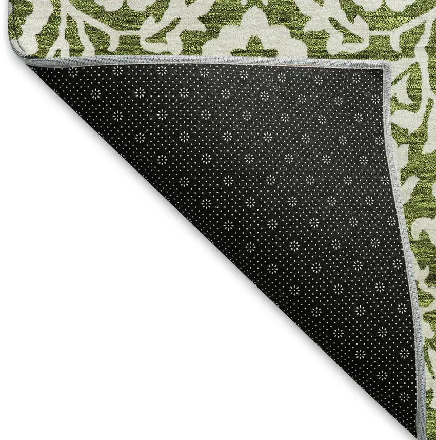 Olive Green And Ivory Damask Washable Area Rug With UV Protection Photo 7