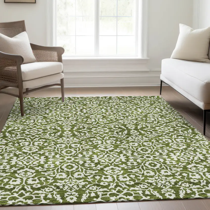 Olive Green And Ivory Damask Washable Area Rug With UV Protection Photo 6