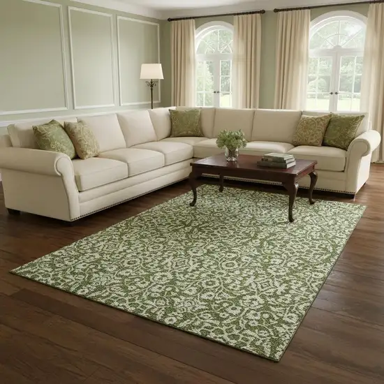 Olive Green And Ivory Damask Washable Area Rug With UV Protection Photo 2