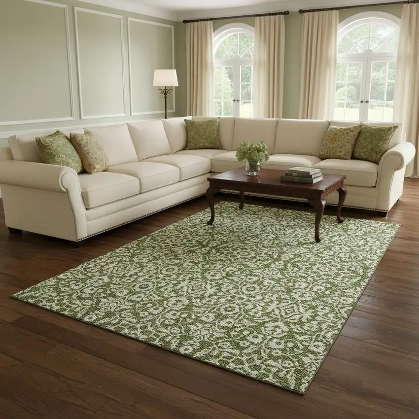 Olive Green And Ivory Damask Washable Area Rug With UV Protection Photo 2