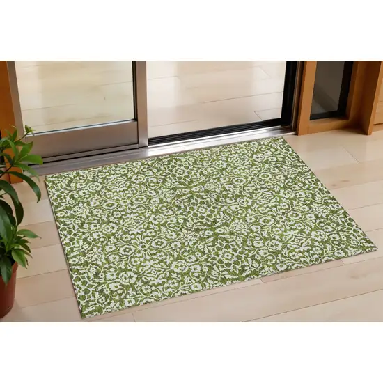 Olive Green And Ivory Damask Washable Indoor Outdoor Area Rug Photo 1