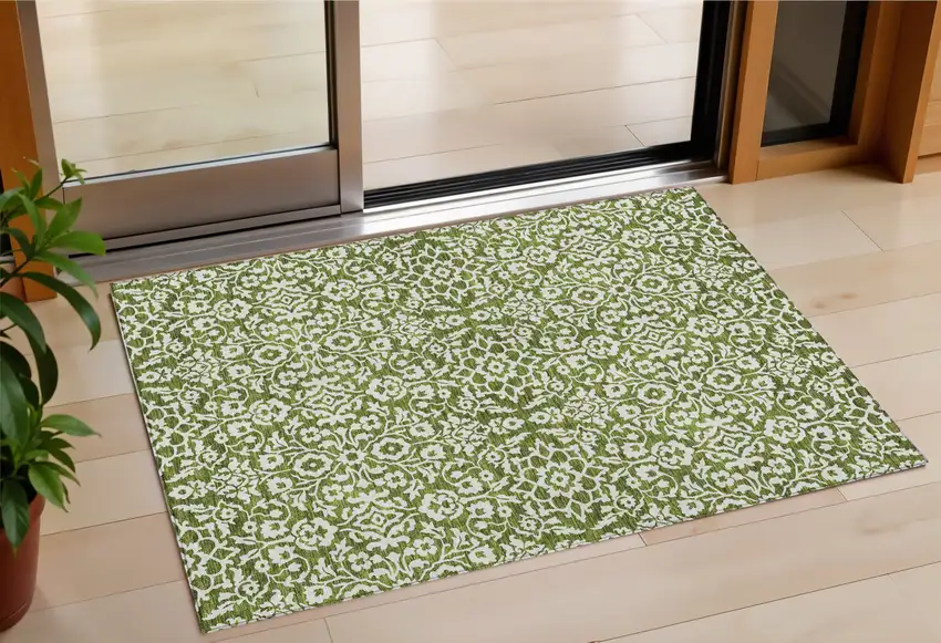 Olive Green And Ivory Damask Washable Indoor Outdoor Area Rug Photo 1