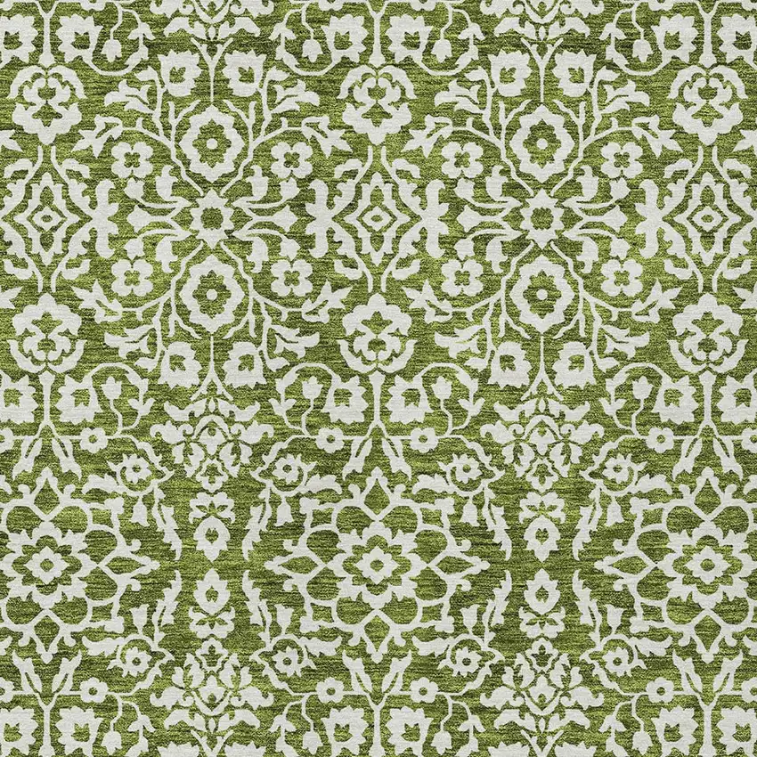 Olive Green And Ivory Damask Washable Indoor Outdoor Area Rug Photo 6