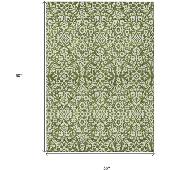 Olive Green And Ivory Damask Washable Indoor Outdoor Area Rug Photo 3