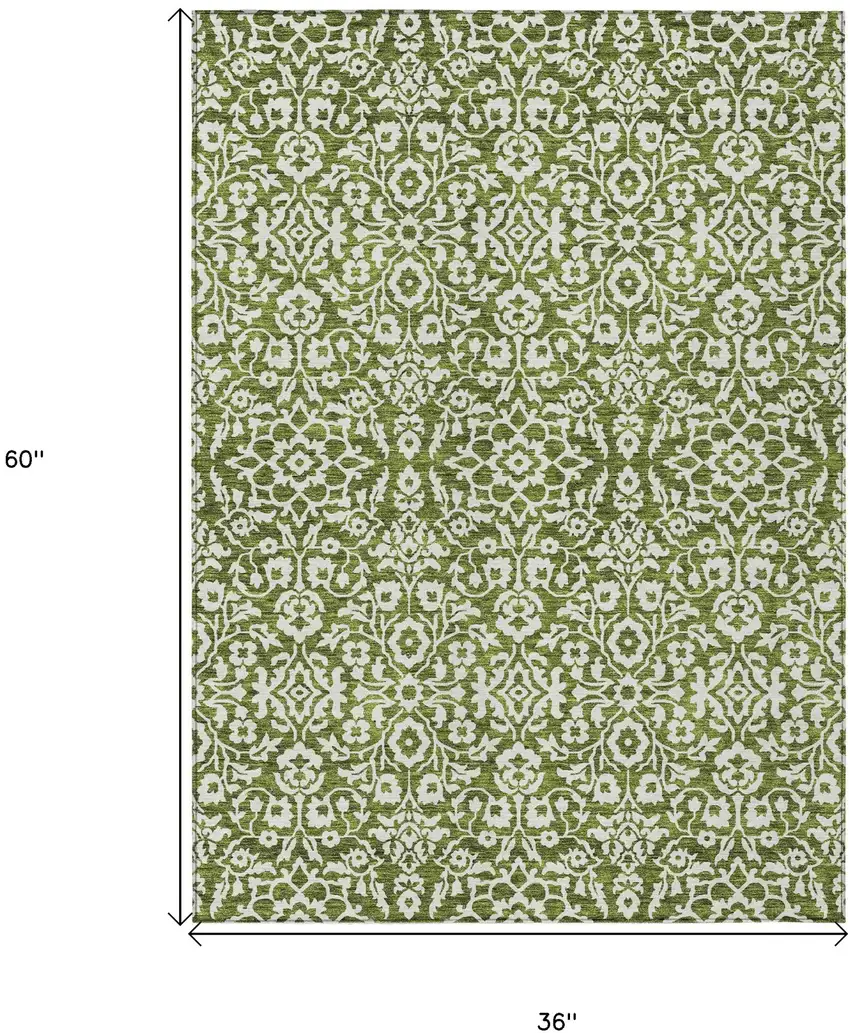Olive Green And Ivory Damask Washable Indoor Outdoor Area Rug Photo 3