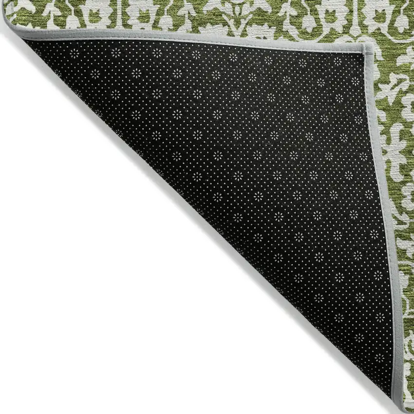 Olive Green And Ivory Damask Washable Indoor Outdoor Area Rug Photo 4