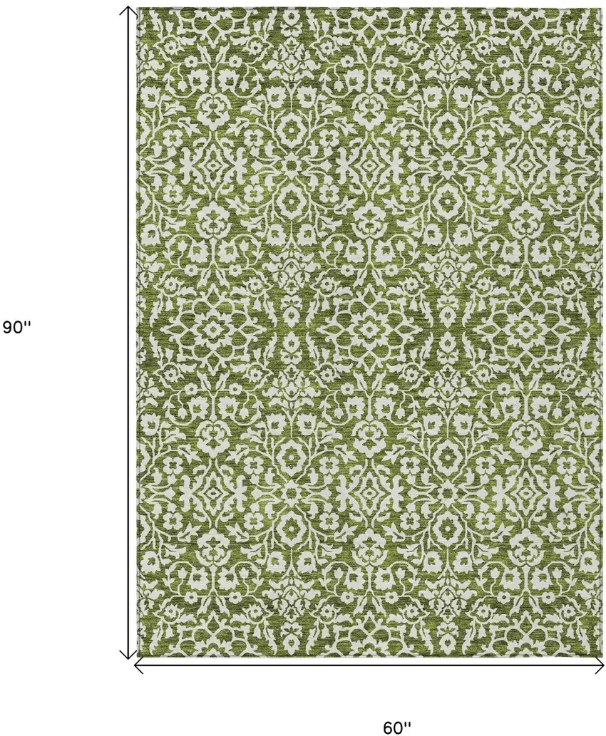 Olive Green And Ivory Damask Washable Indoor Outdoor Area Rug Photo 3