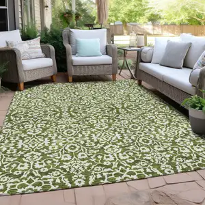 Photo of Olive Green And Ivory Damask Washable Indoor Outdoor Area Rug