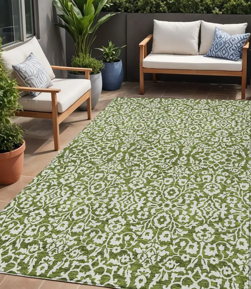 Olive Green And Ivory Damask Washable Indoor Outdoor Area Rug Photo 1