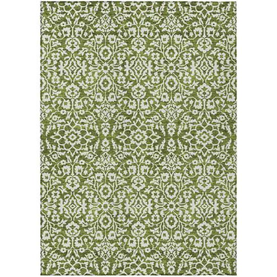 Olive Green And Ivory Damask Washable Indoor Outdoor Area Rug Photo 2
