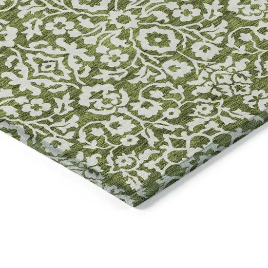 Olive Green And Ivory Damask Washable Indoor Outdoor Area Rug Photo 5