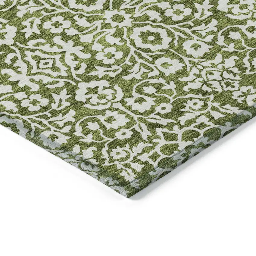 Olive Green And Ivory Damask Washable Indoor Outdoor Area Rug Photo 5