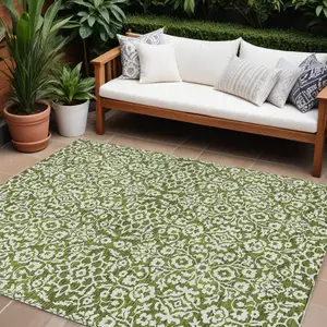 Photo of Olive Green And Ivory Damask Washable Indoor Outdoor Area Rug